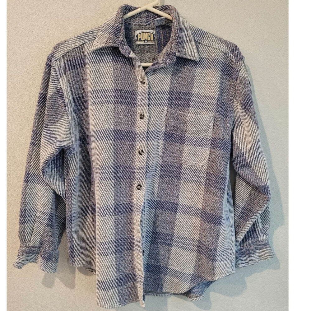 Vintage Punch Mens Long Sleeve Button Shirt M Blue Cotton Textured Front Pocket